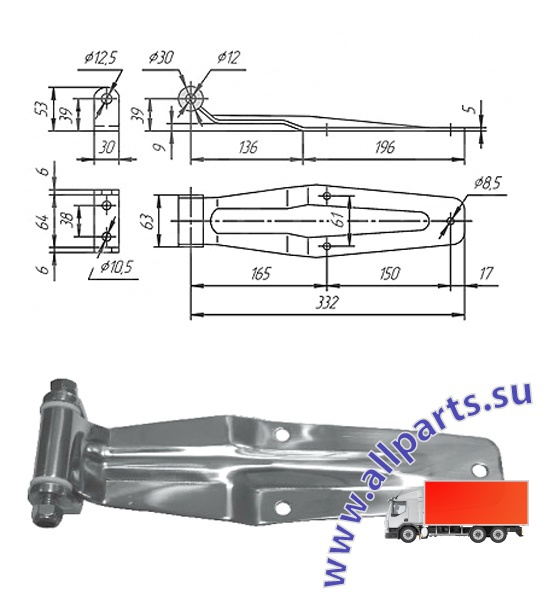Детальное изображение элемента петля ворот, l=332 мм (арт.: 02010s) от ALLPARTS.SU